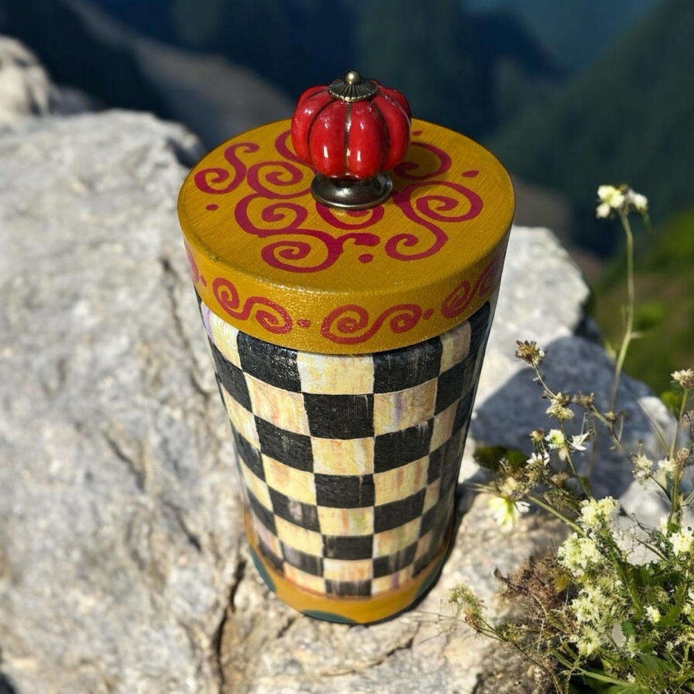 Colorful Checkered Decorative Keepsake trinket Art Jar. Makenzie Child Inspired. - Picture 4 of 7